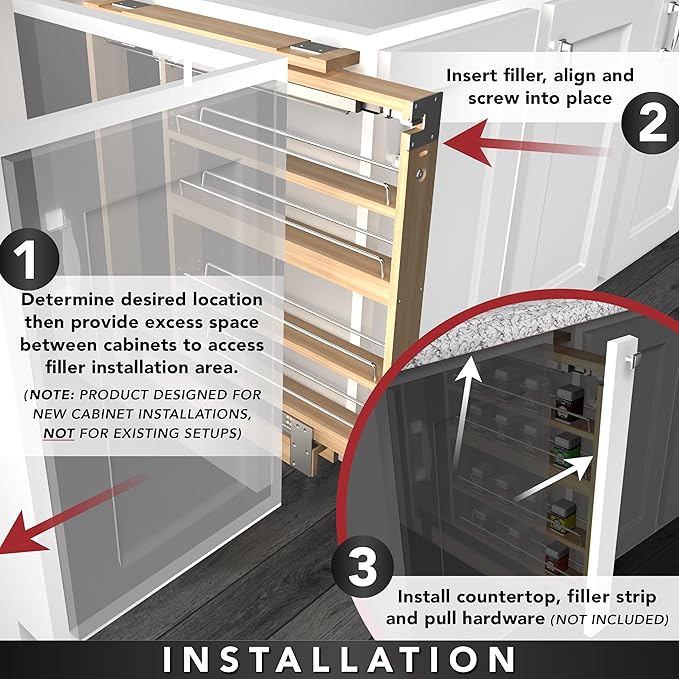 Rev-A-Shelf 6" W x 42" H Pull Out Quad Shelf Organizer for Wall & Base Kitchen Cabinets, Full Extension Filler Spice Rack, Adjustable, Wood, 432-WF42-6C