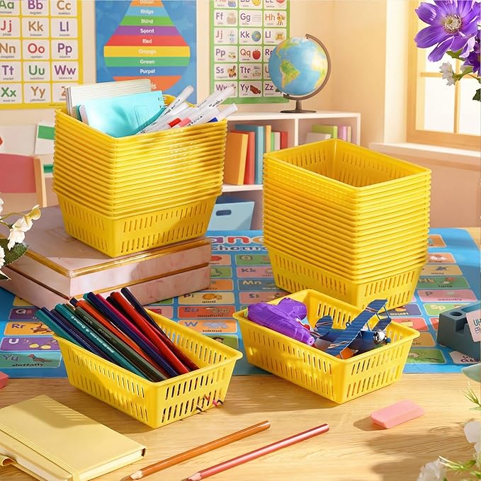 Sherr 36 Pack Classroom Storage Basket Small Plastic Basket for Organizing Crayon Pencil Container Storage Bin Tray Holder for Paper Shelf Back to School Office Supply 6.1"l x 4.3"w x 2.4"h(Yellow)