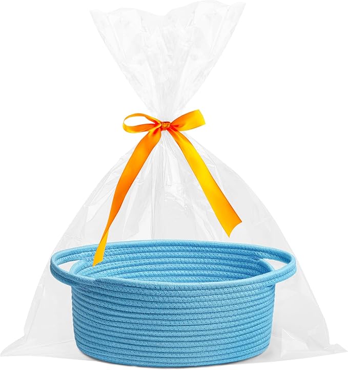Pro Goleem Small Woven Basket with Gift Bags and Ribbons Durable Baskets for Gifts Empty Small Rope Basket for Storage 12"X 8" X 5" Baby Toy Basket with Handles, Blue