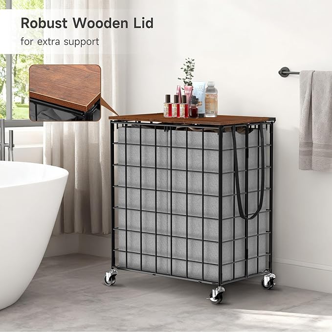Laundry Basket with Wheels, Heavy Duty Laundry Sorter 2 Sections, Large Capacity 120L (32Gal.) Laundry Hamper with Wood Lid, 360 Rolling Wheels, Extra Side Pocket, Leather Pull Handle (Grey)