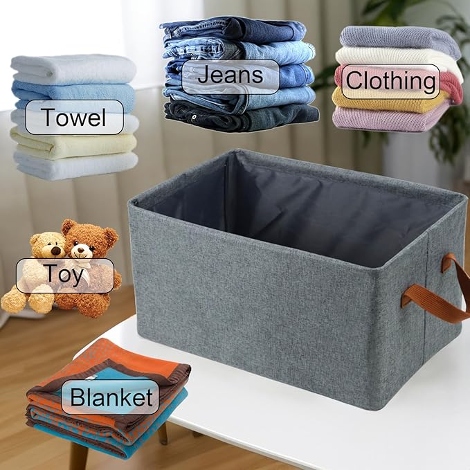 4 Pcs Fabric Storage Bins, Organization Baskets for Shelves, 15" Linen Closet Organizer with Handles, Metal Frame, Natural Color, Shelves Basket for Organizing, Gray