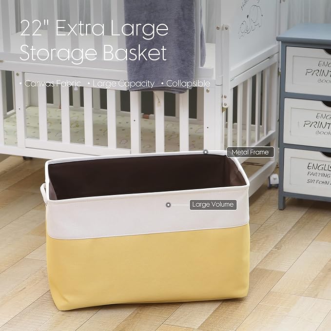 Sea Team 3-Pack Extra Large Storage Basket Set, Trunk Organizer, Clothes Toys Bin, 22 x 15 x 13 Inches, Rectangular Canvas Fabric Collapsible Shelf Box with Handles for Kids Room (Yellow/White)