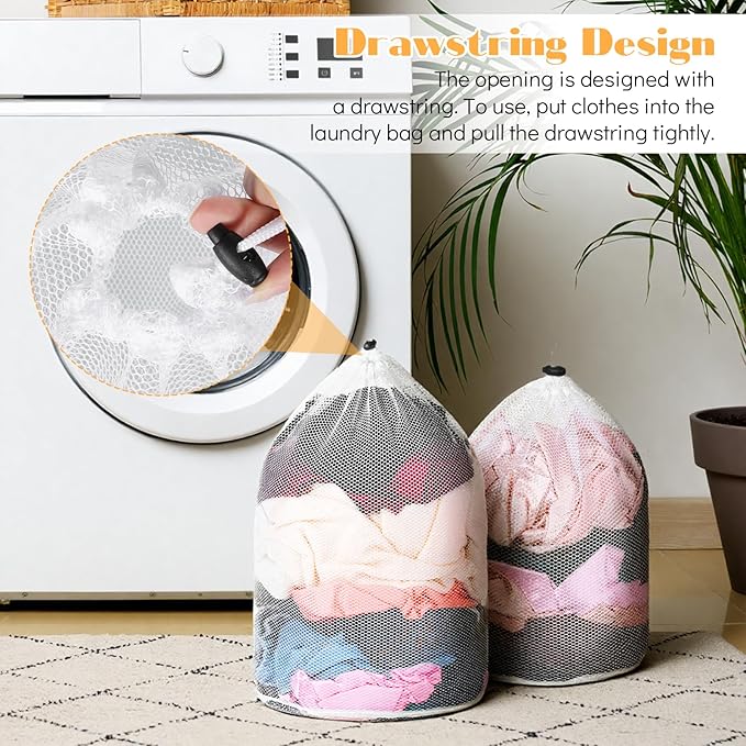Mesh Laundry Bags, 4 Pcs Heavy Duty Laundry Washing Bags for Dirty Clothes Net Bag with Drawstring Garment Bag for Washing Machine for College Dorm, Apartment, Laundromats, Travel, White