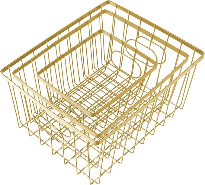 happimess BSK3001D-6SET Camden Vintage Industrial Wire Metal Nesting Storage Baskets for Shelves, Cabinets, Pantry, Countertop, Mesh Open Bin Basket for Organizing Supplies, Gold (Set of 6)
