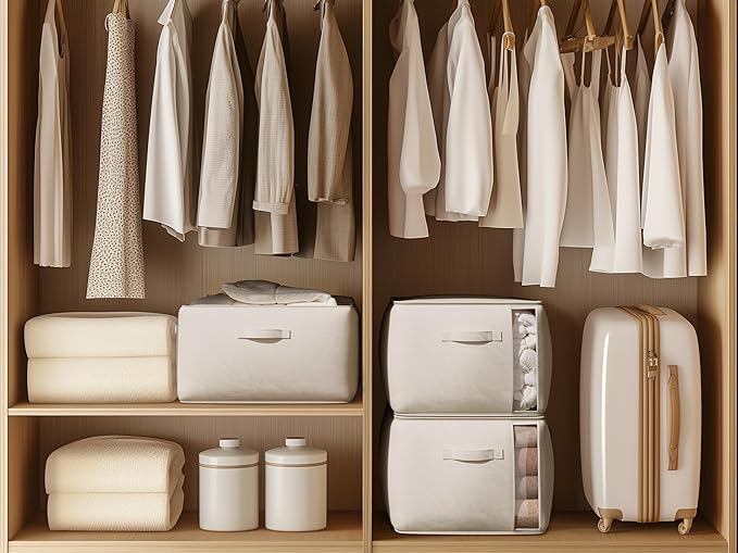 TomVista Large Canvas Clothes Storage Bags with Thick Handles and Clear Window, Foldable Cotton Linen Closet Organizer for Clothing, Blankets and Bedding, 70L, 2 Pack, Beige