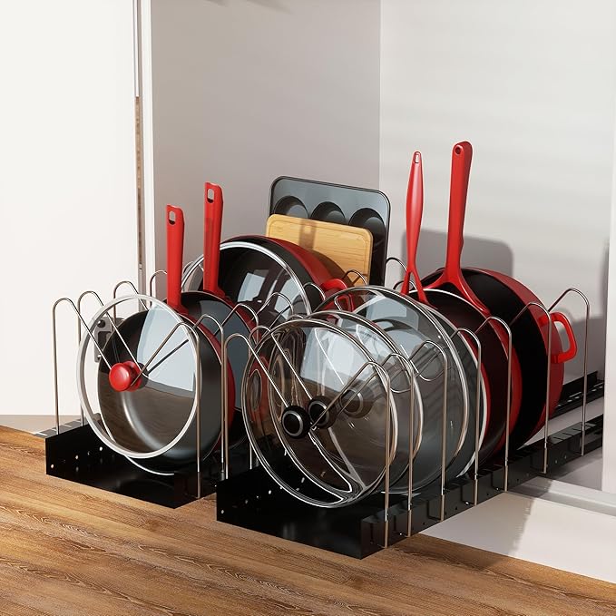 Golener 4 Adjustable Dividers Pull Out Pots and Pans Organizers - Optional Dividers Sliding Pot Lid Holder in Kitchen and Slide Out Cabinet Storage of Lids, Bakewares and Pots