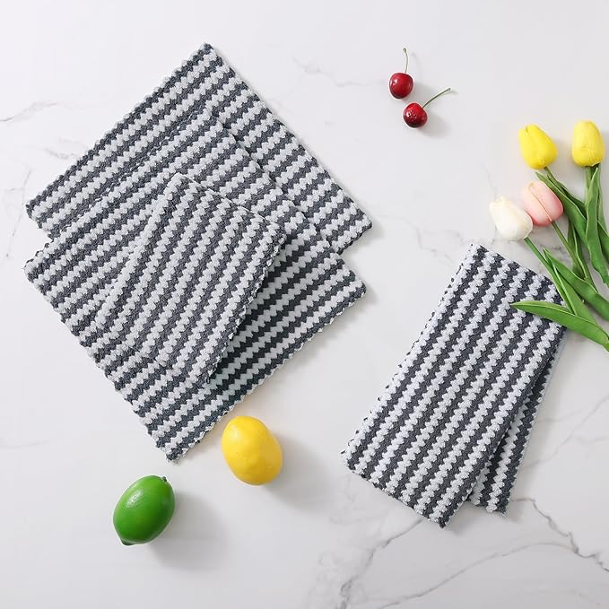 Homaxy 12 Pack Kitchen Dish Cloths, Ultra Soft and Absorbent Dish Towels, Reusable Fast Drying Microfiber Cleaning Cloth, Coral Velvet Wave Design No-lint, 10 x 10 inches, Dark Grey