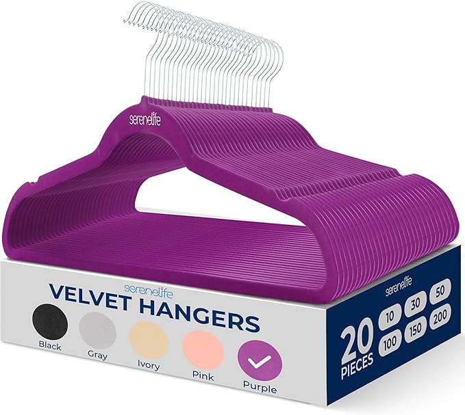 SereneLife 20 Pack Velvet Hangers – Non-Slip Clothes Hangers with Heavy Duty Design, Slim Space-Saving Coat Hangers with 360° Swivel Hook, Strong Lightweight Closet Organizer Set for Clothes (Purple)