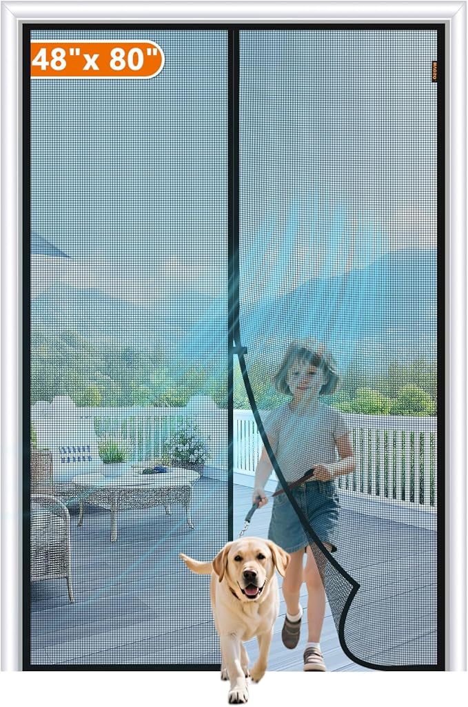 MAGZO Magnetic Screen Door Fit Door Size 48 x 80 Inch, Screen Size 50" x 81" Strong Magnet Mesh with Reinforced Hook & Loop for French, Sliding and Patio Entrances, Black
