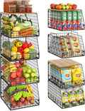 4 Pack Stackable Wire Baskets with Fixed Wooden Top, Vegetable Fruit Storage Bins for Onion Potato Snack, Pantry Baskets for Kitchen Cabinet Countertop, Pantry Organizers and Storage Rack