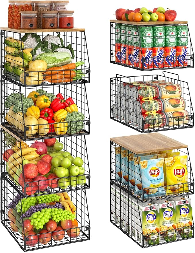 4 Pack Stackable Wire Baskets with Fixed Wooden Top, Vegetable Fruit Storage Bins for Onion Potato Snack, Pantry Baskets for Kitchen Cabinet Countertop, Pantry Organizers and Storage Rack