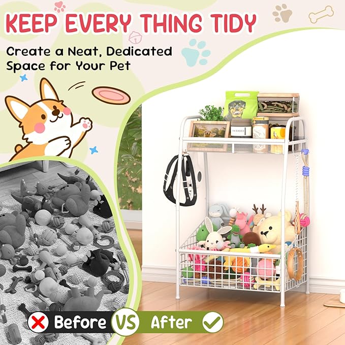 Indestructible Medium Dog Toy basket, Toy Box for Dogs,Pet Toys Bin Dog Metal Wire Basket for Toys, Food Storage, Storage Organizer Chest Storage, Toy Box for Living Room Area (White)