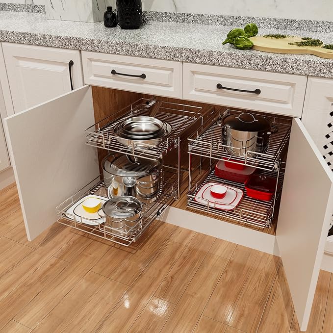 ROOMTEC Individual Pull Out Cabinet Organizer (17" W x 21" D), 2 Tier Spice Rack Organizer for Cabinet, Slide Out Drawer Pantry Shelf Organization and Storage for Kitchen Bathroom