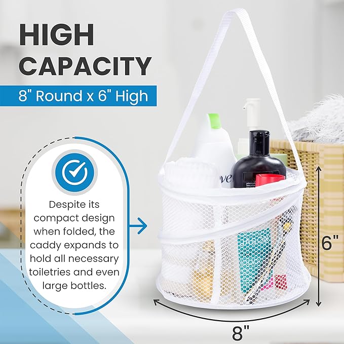 Handy Laundry Foldable Shower Caddy - Collapsible, Portable, Drainage Hole, Carry Handle, Large Compartments, Great Organizer for Camp, Travel, Gym, and Dorm (White)