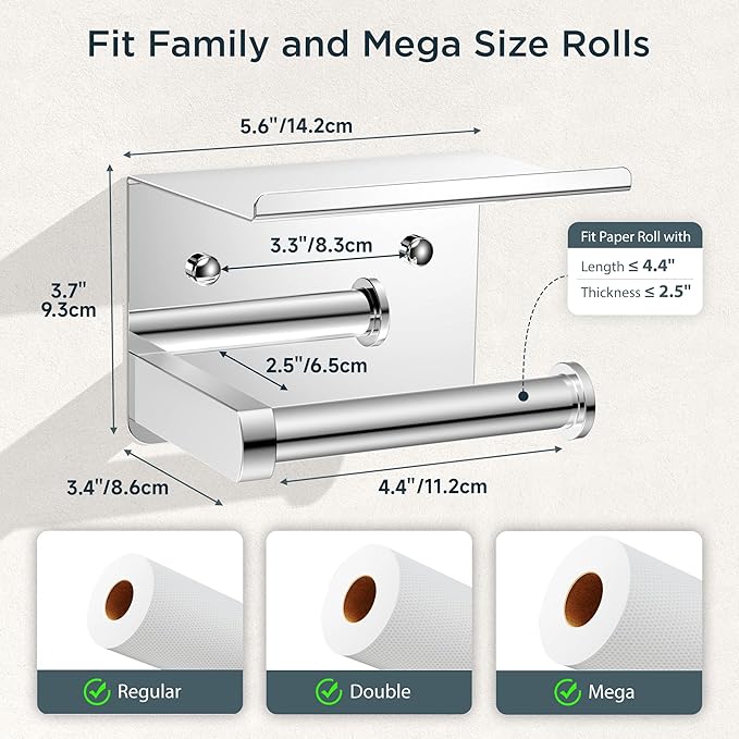 FORIOUS Toilet Paper Holder with Shelf, Adhesive or Screw Wall Mount Toilet Roll Holder for Bathroom, Rustproof 304 Stainless Steel Commercial Toilet Tissue Holder with Phone Shelf, Chrome