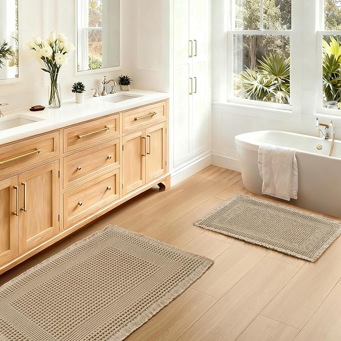 JIUZHEN Set of 2 Waffle Bath Mats Super Absorbent Bath Mat Non Slip Bathroom Rugs for Bathroom Floor Dry Fast Washable Boho Rugs for Beside Tub, 16" x 24" +20" x 32", Loop-Brown