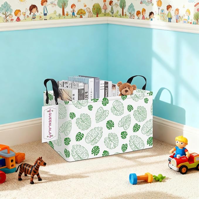 QUEENLALA Rectangular Laundry Hamper/Foldable Nursery Laundry Basket for Organizing/Storage Bin Baskets/Children Toy Office Bedroom/Toy Bin Closet Shelf Baskets (Rec-Green Leaf)
