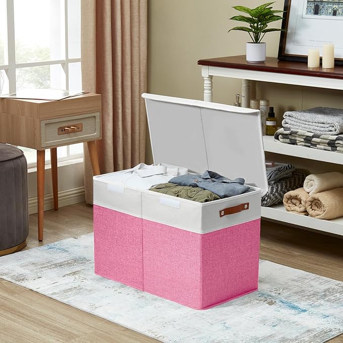 Large Toy Storage Box with Lids, Collapsible Sturdy Baby Storage Organizer Chest Bin Basket for Kids, Boys, Girls, Playroom, Nursery, Bedroom, Closet 25"x13"x16" (Pink and White)
