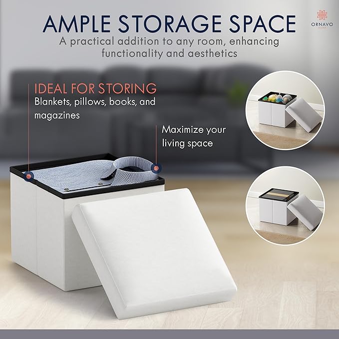 Ornavo Home Small Storage Ottoman, Set of 2 Foldable Collapsible Cube Square Linen Ottoman Foot Rest Stool Seat, for Living Room, Bedroom, Home Office, Dorm - 12 x 12 x 12, White