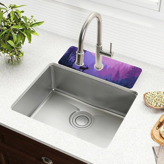 Kitchen Sink Splash Guard 1 PC 30 Inch Sink Faucet Mat Splash Guard for Bathroom Countertop Water Absorbent Foldable Cuttable Soft Washable Purple Stag Mountains and Forest