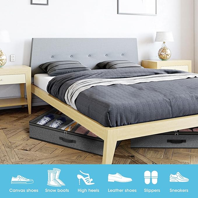 Under Bed Shoe Storage Organizer for Closet, Fits 24 Pairs Underbed Shoes Box Storage Containers Under the Bed Storage Foldable with Sturdy Handles&Clear Window for College Dorms Grey, Set of 2