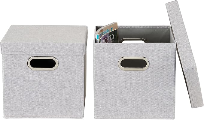 Household Essentials 804-1 Café Cube Bin Storage Set with Lids and Handles | 2 Pack | Silver Linen