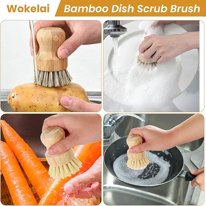 Bamboo Dish Scrub Brushes Set for Kitchen - Wooden Cleaning Scrubbers Brushes, Eco-Friendly Natural Dishes Washing Brush for Dishwashing Cast Iron Pots Pans Skillet Vegetables Sink, Set of 2