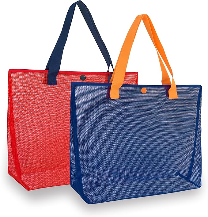 2Pack Large lightweight Simple Mesh Beach Tote Bag With snap Button Reusable Pool Bag for Outdoor Travel Shopping Gym
