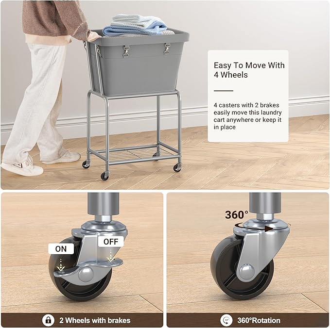 ELYKEN Laundry Cart with Wheels, Rolling Laundry Hamper with Removable Bag and Shelf, Metal Frame Laundry Basket with 4 Casters and 2 Brakes, Ideal for Bedroom, Bathroom, Laundry Room, Gray