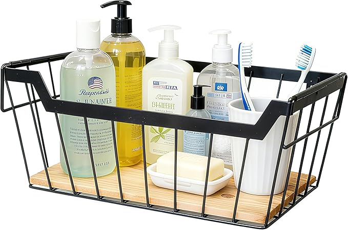 Metal Wire Basket with Handles Storage Organizer Stackable Organizing bin for Cabinet Shelf Countertop Under Sink Pantry for Kitchen,Bathroom,Laundry Closet, 1 Pack