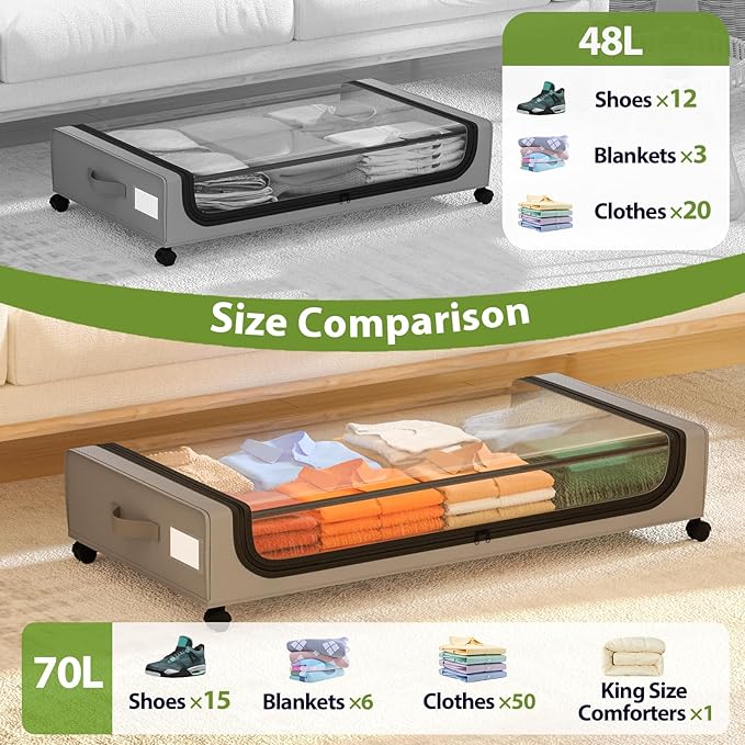 GoMaihe Under Bed Storage with Wheels: 70L Underbed Storage Containers with Lids - Rolling Bins for Shoes Clothes in Dorm Bedroom - Metal Drawers Easy Pull-out Grey 2-Pack