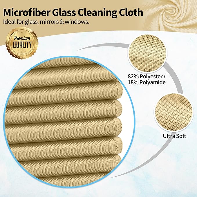 HOMERHYME Microfiber Cleaning Cloth, 12 Pack Window Glasses Cleaning Cloth, Reusable Lint-Free Streak Free Polishing Cloth Wipes for Stainless Steel, Eyeglass, Mirror, Screen & Lense,12"*12" Beige