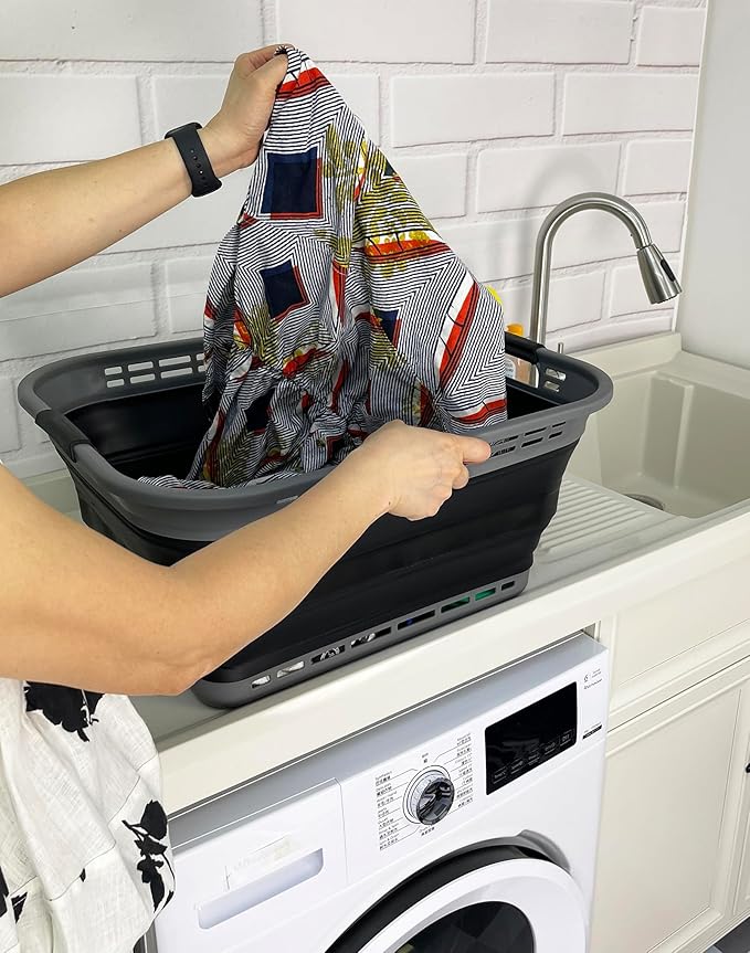 SAMMART 42L (11 Gallons) Collapsible Plastic Laundry Basket - Foldable Pop Up Storage Container/Organizer - Portable Washing Tub - Space Saving Hamper/Basket [BPA Free] (Grey/Black)