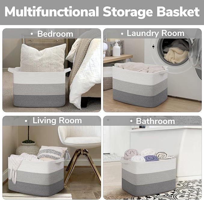 Goodpick Large Woven Basket, Rectangle Rope Storage Baskets for Organizing, Blanket Basket with Handles for Living Room, Nursery, Gradient Gray, 18 x 14 x 12 Inches