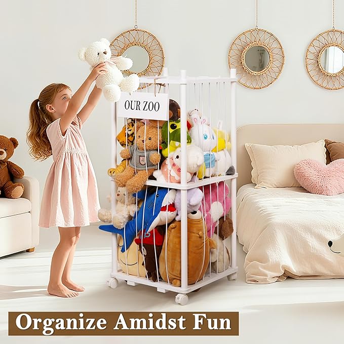 Stuffed Animal Storage Zoo, Wooden Stuffed Animal Organizer with Removable Wheels & 5-Row Elastic Cords, Space-Saving Plush Toy Storage Holder for Playroom, Bedroom, Nursery