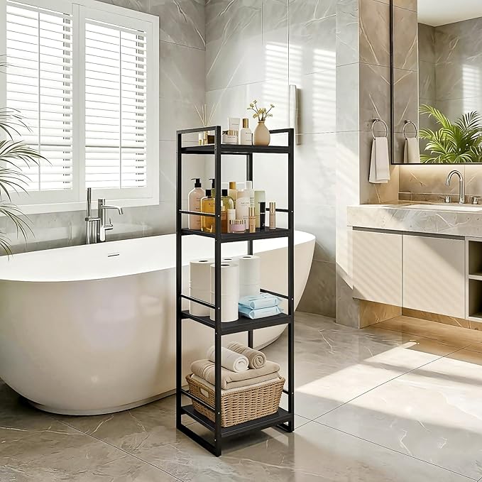 BYFU 4 Tier Bathroom Storage Open Shelf, Freestanding Metal Corner Storage Rack Shelving Unit for Bathroom Kitchen Living Room Hallway, Black
