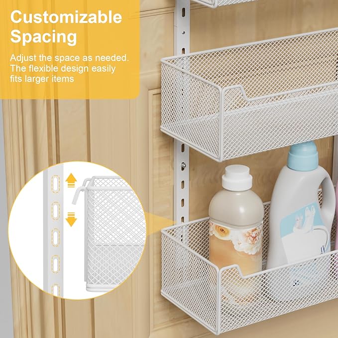 Over the Door Organizer, 8-Tier Pantry Organizer with Fully Enclosed Mesh Baskets, Heavy-Duty Metal Hanging Spice Rack for Kitchen Bathroom Laundry Room, 2-in-1 Wall Mount or Door Mount, White