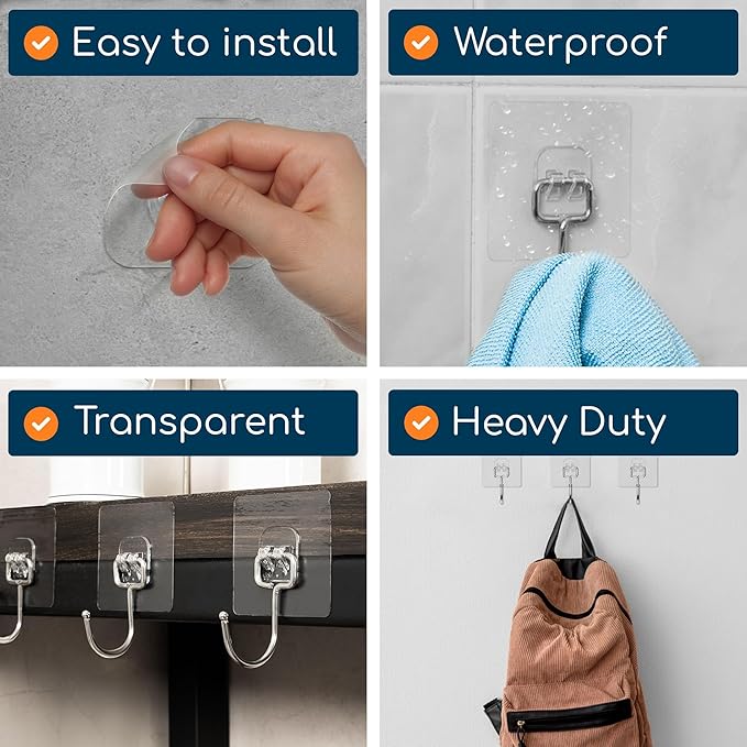 GLUIT Adhesive Large Wall Hooks for Hanging Heavy Duty 22 lbs Hooks for Walls No Damage, Towel Sticky Clear Hooks, Waterproof, Home, Bathroom, Kitchen, Office, and Outdoor 12 Pack