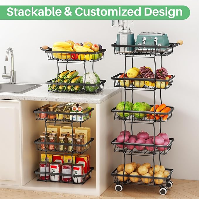 SAYZH Fruit Basket Kitchen Pantry Organizers and Storage - 5 Tier Stackable Metal Wire Basket Stand for Fruit Vegetable Snacks Jars Bins Containers Organization, Black