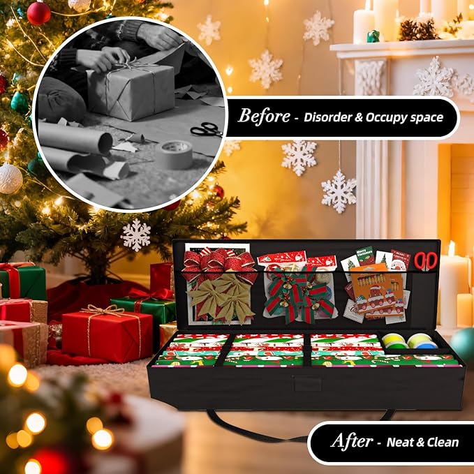 Safana 2 Pack Wrapping Paper Organizer Storage Bag, 42" Durable 600d Oxford Wrapping Organizer Box Under Bed Containers for Decorations Paper Rolls, Ribbons, Bows (Golden Deer)