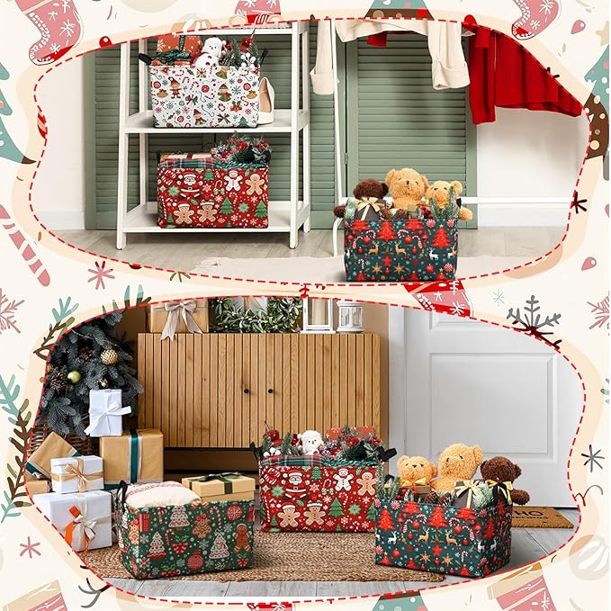 4 Pack Christmas Storage Bin Collapsible Large Christmas Storage Baskets for Gifts Xmas Tree Canvas Laundry Basket Foldable Box with Handle for Office Home Bedroom Clothes Toys Holiday Decor