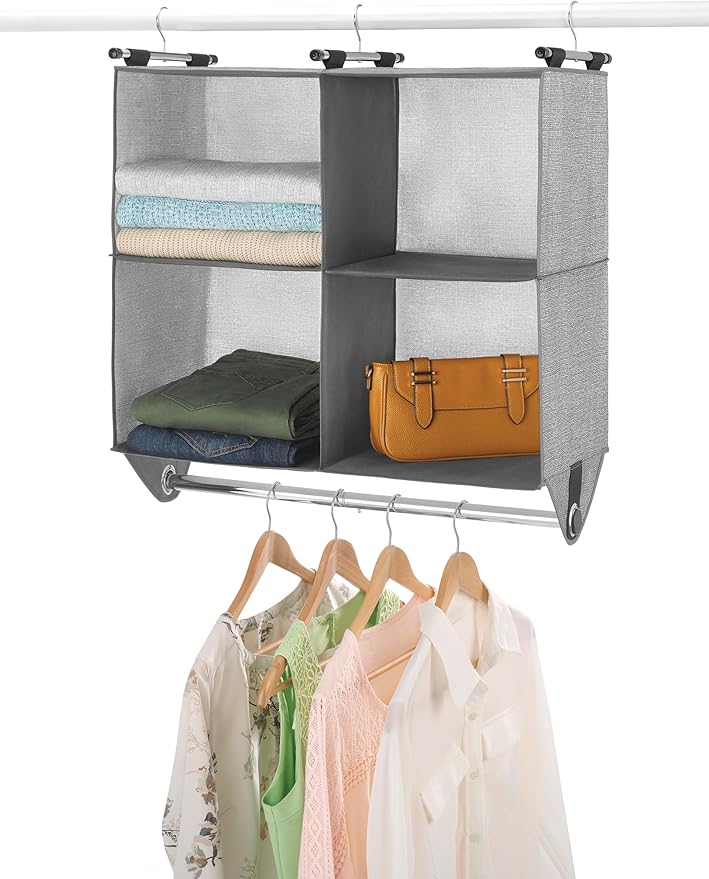 Whitmor 4 Section Fabric Closet Organizer Shelving with Built in Chrome Garment Rod (Pack of 4)