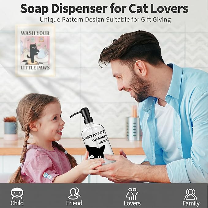 Black Cat Soap Dispenser 17 oz Clear Glass Hand Soap Bottle with 304 Stainless Steel Pump Bathroom Accessories Cute Cat Décor Cat Lover Gift