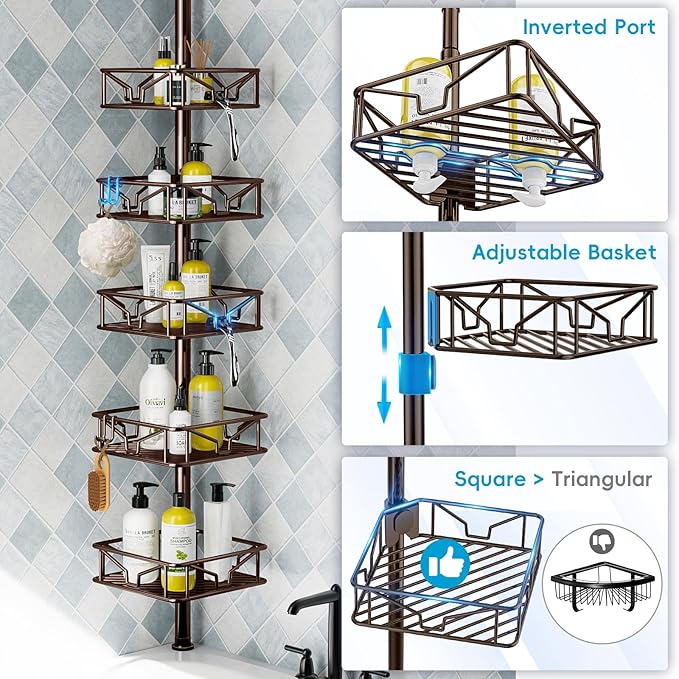 Skycarper 5 Tier Adjustable Corner Shower Caddy Organizer with Hooks,Rustproof Tension Pole 62-116 Inch,Bronze