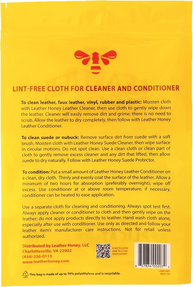 Leather Honey Lint-Free Application Cloth: Microfiber Cloth for Use with Leather Conditioner and Cleaner. Made in The USA Since 1968