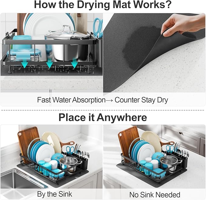 GSlife Family Size Large Capacity Expandable Dish Drying Rack with Absorbent Mat, Rust Resistant Dish Drainer for Plates Bowls Pots and Pans, 16.5"-21.3" L x 14.7" W, Black