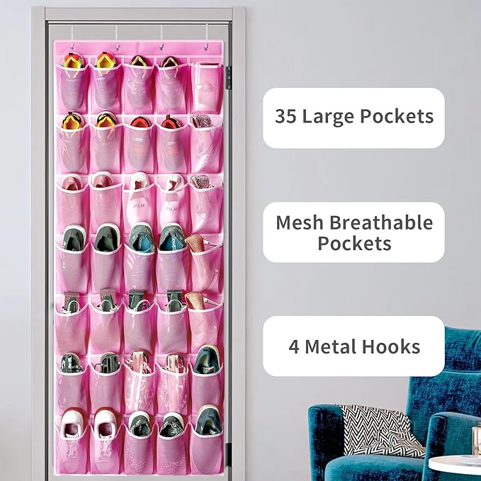 SAVERHO 35 Pockets Over the Door Shoe Organizer, Hanging Shoe Organizer for Door with 35 Mesh Pockets Large Capacity Shoe Hanging Storage Bag with 4 Metal Hooks (Pink-1Pack)