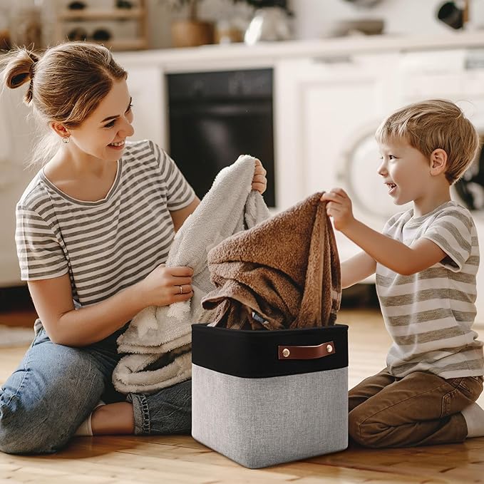 4-Pack Foldable Fabric Storage Cubes 11x11 Inch, Sturdy Cube Organizer Bins with Leather Handles, Storage Baskets for Closet Shelves and Home Organization(Dark/Gray)