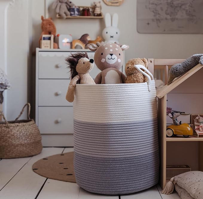 OrganiHaus Large Gray Woven Laundry Basket w/Handles 52L, Rope Dirty Clothes Hamper, Blanket Basket for Living Room, Baby Laundry Hamper for Nursery, Soft & Durable Decorative Organizer Bin