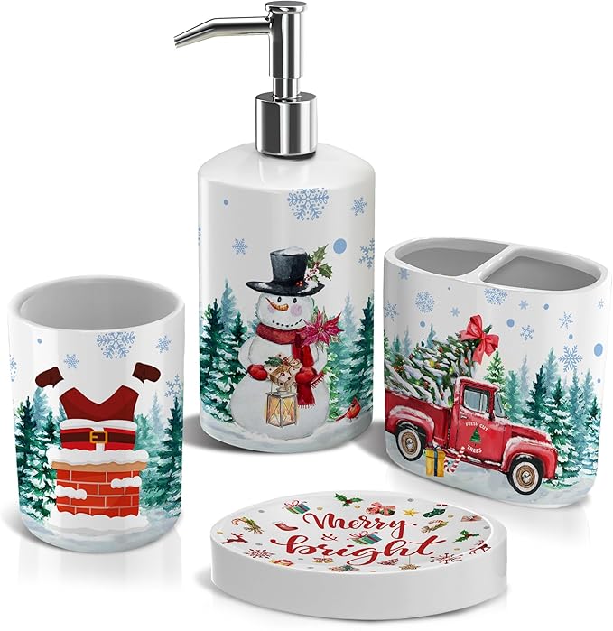 Christmas Bathroom Decor, Christmas Bathroom Accessories Set 4, Snowman Soap Dispenser, Gnome Truck Toothbrush Holder, Merry & Bright Soap Dish